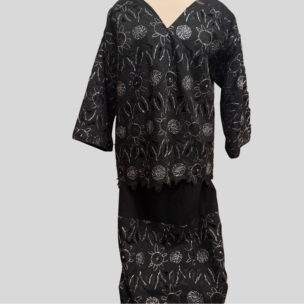 Boutique Black Embroidered 2 Piece Set Top Skirt African Outfit with Headband